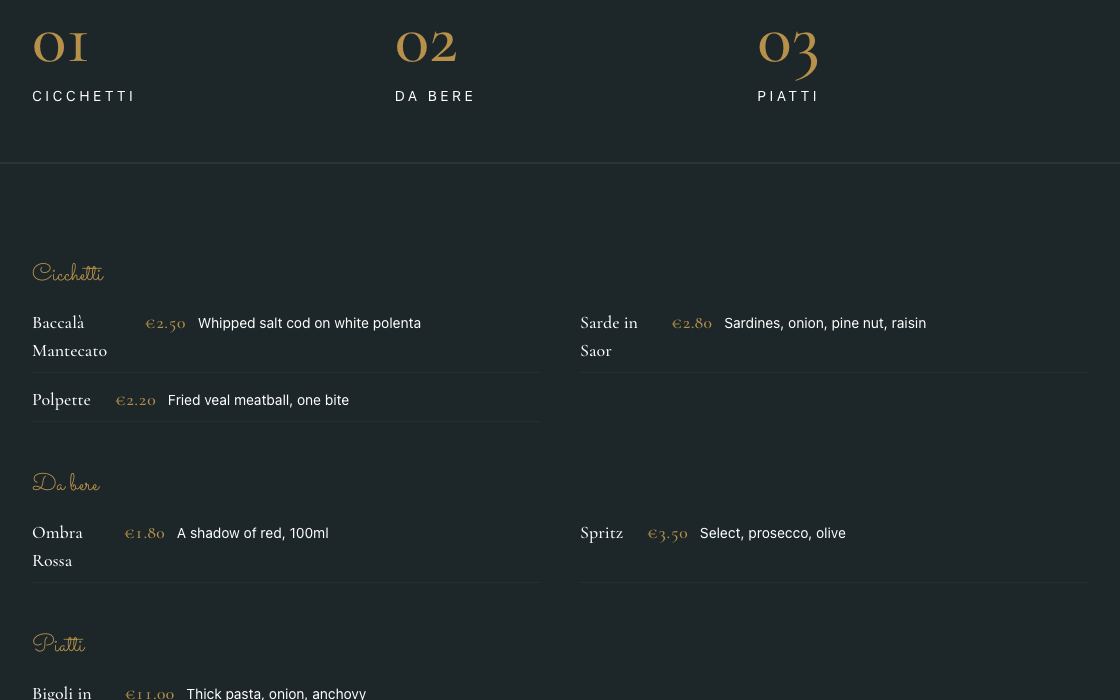 Bacaro Venezia restaurant website design