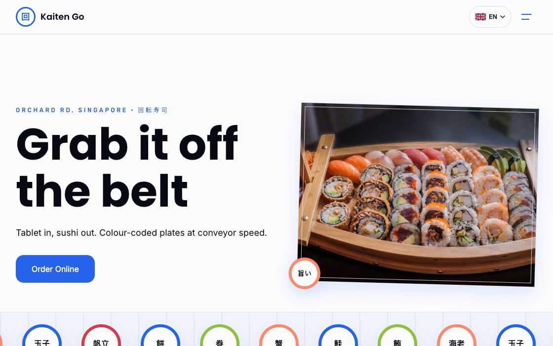 A wooden sushi boat platter stacked with nigiri and maki rolls