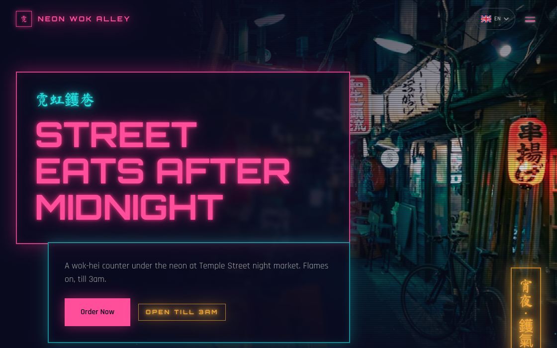 Neon-lit Hong Kong alley with glowing signs and lanterns at night
