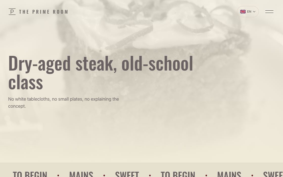 The Prime Room restaurant website design